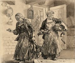 Adolph von Menzel, Zwei lachende Mägde mit Geschirr und Hausrat; im Hintergrund schimpfend der Dorfrichter Adam