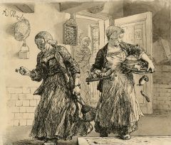 Adolph von Menzel, Zwei lachende Mägde mit Geschirr und Hausrat; im Hintergrund schimpfend der Dorfrichter Adam