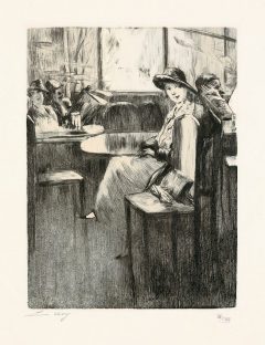 Lesser Ury, Junges Mädchen im Café mit Straßenblick
