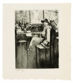 Lesser Ury, Junges Mädchen im Café mit Straßenblick