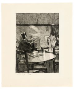 Lesser Ury, Herr mit Zylinder vor einem Kaffeehausfenster - in Rückenansicht