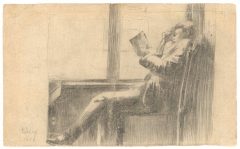 Lesser Ury, Darstellung eines Mannes am Fenster sitzend und ein Buch lesend