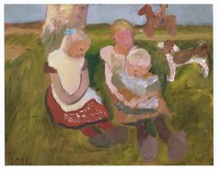 Paula Modersohn-Becker, Drei Kinder an einem Hang sitzend mit Hund und Pferd