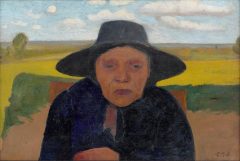 Paula Modersohn-Becker, Brustbild einer alten Bäuerin mit Hut vor Landschaft